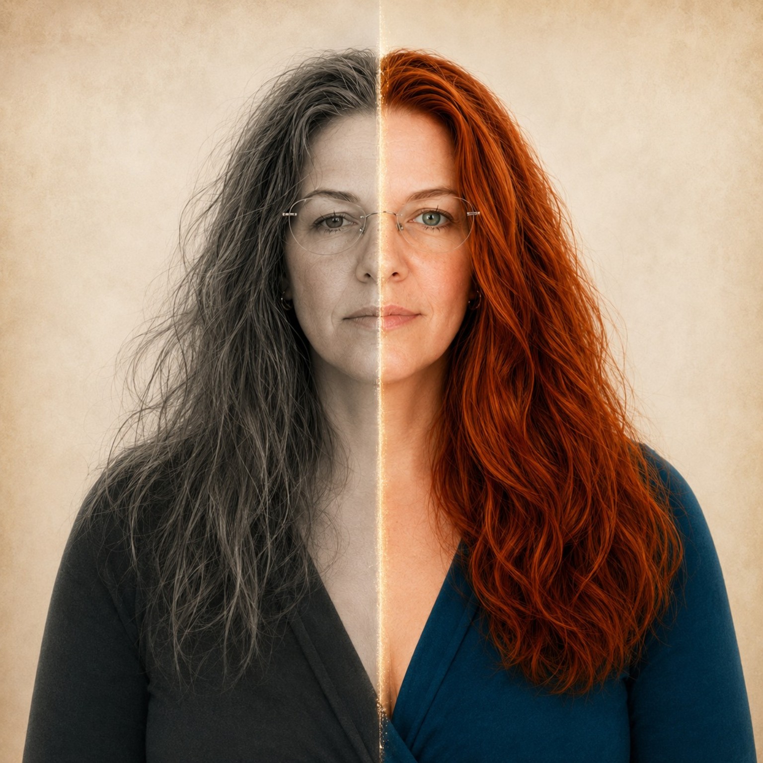 A woman shown in two halves — weary coping on one side, steady capacity on the other